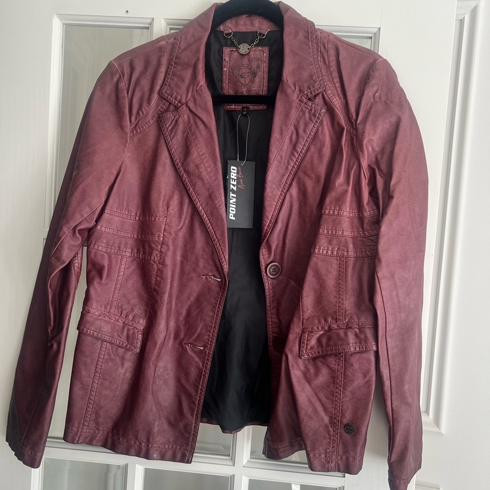 Point Zero Women's Burgundy Faux Leather Blazer Jacket - Tailored Single-Button